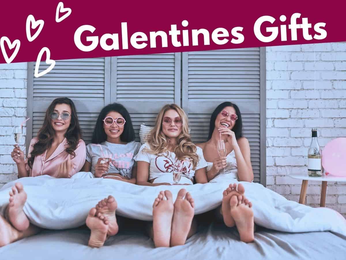 a group of four women hanging out with text overlay that reads galentines gifts