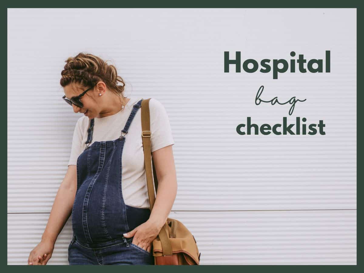 a pregnant mom with a bag and text overlay that reads hospital bag checklist