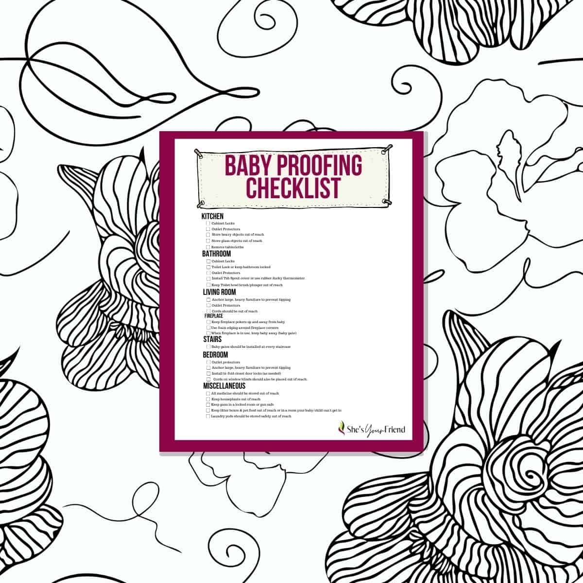 a baby proofing checklist printed off on a floral background