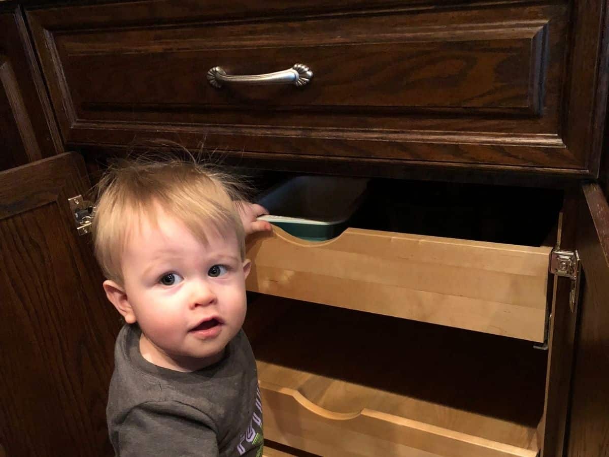 a 1 year old by some open cabinets