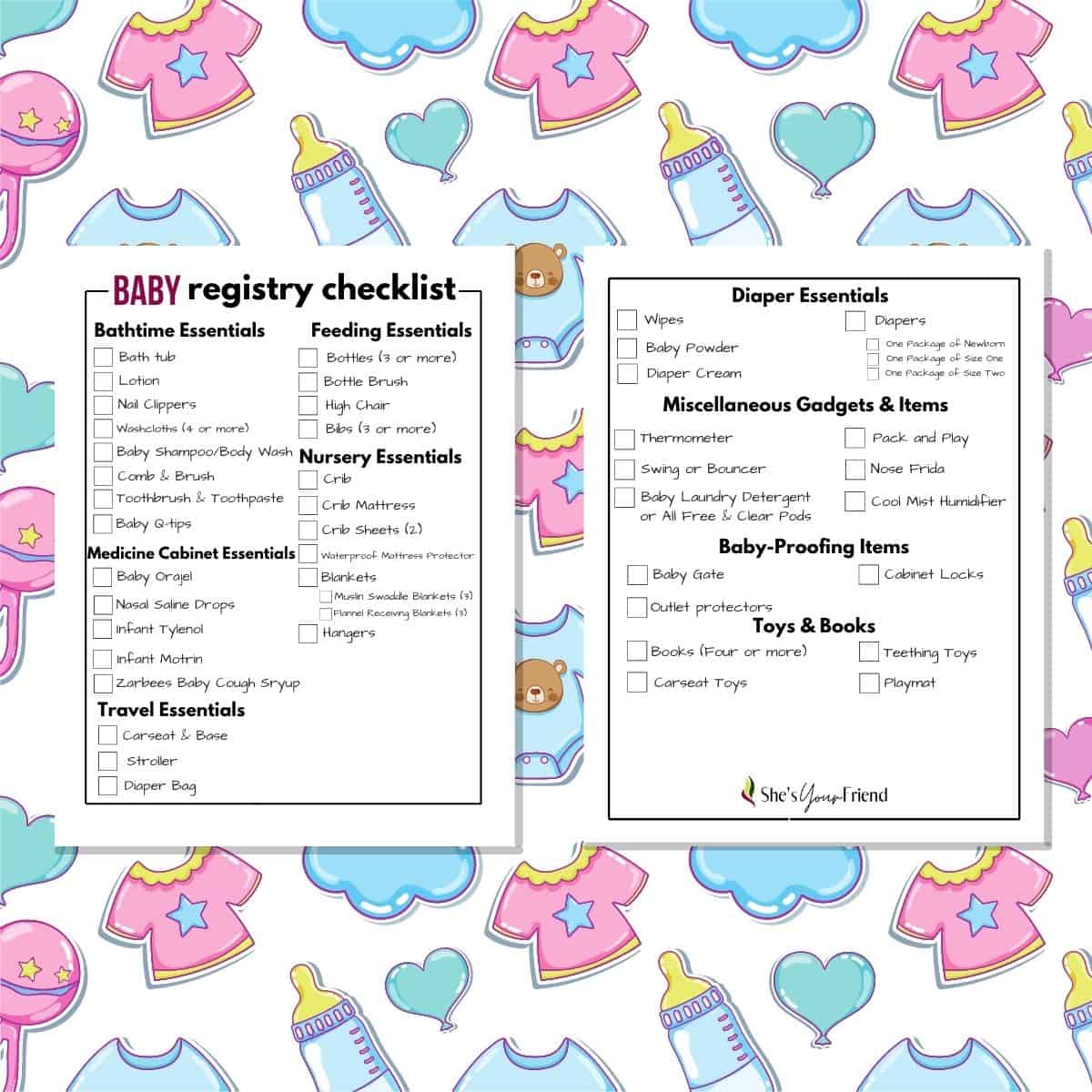 two page baby registry checklist on a baby clothes and bottles background.