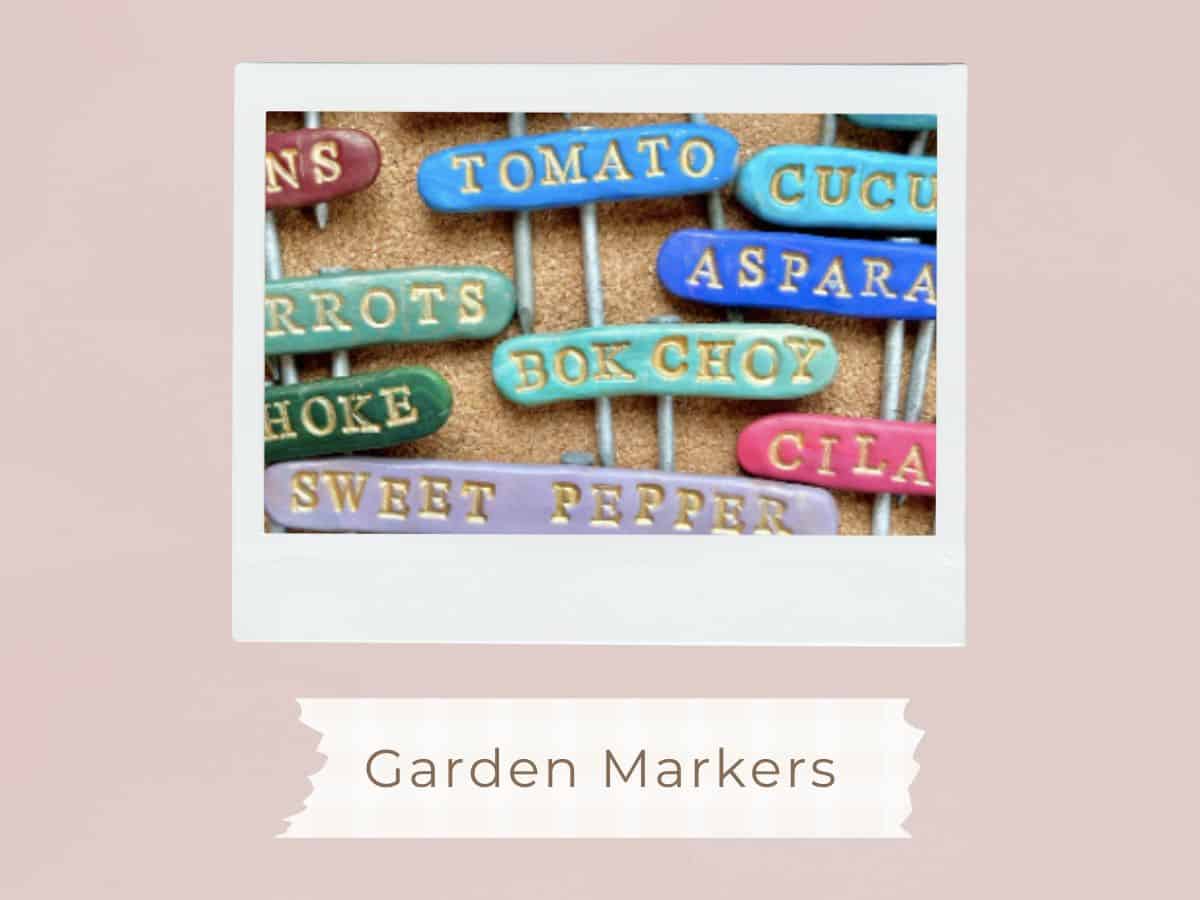 colorful garden markers with text overlay that reads garden markers