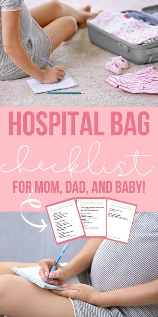 collage of a pregnant mom packing her hospital bag with text overlay that reads hospital bag checklist for mom dad and baby