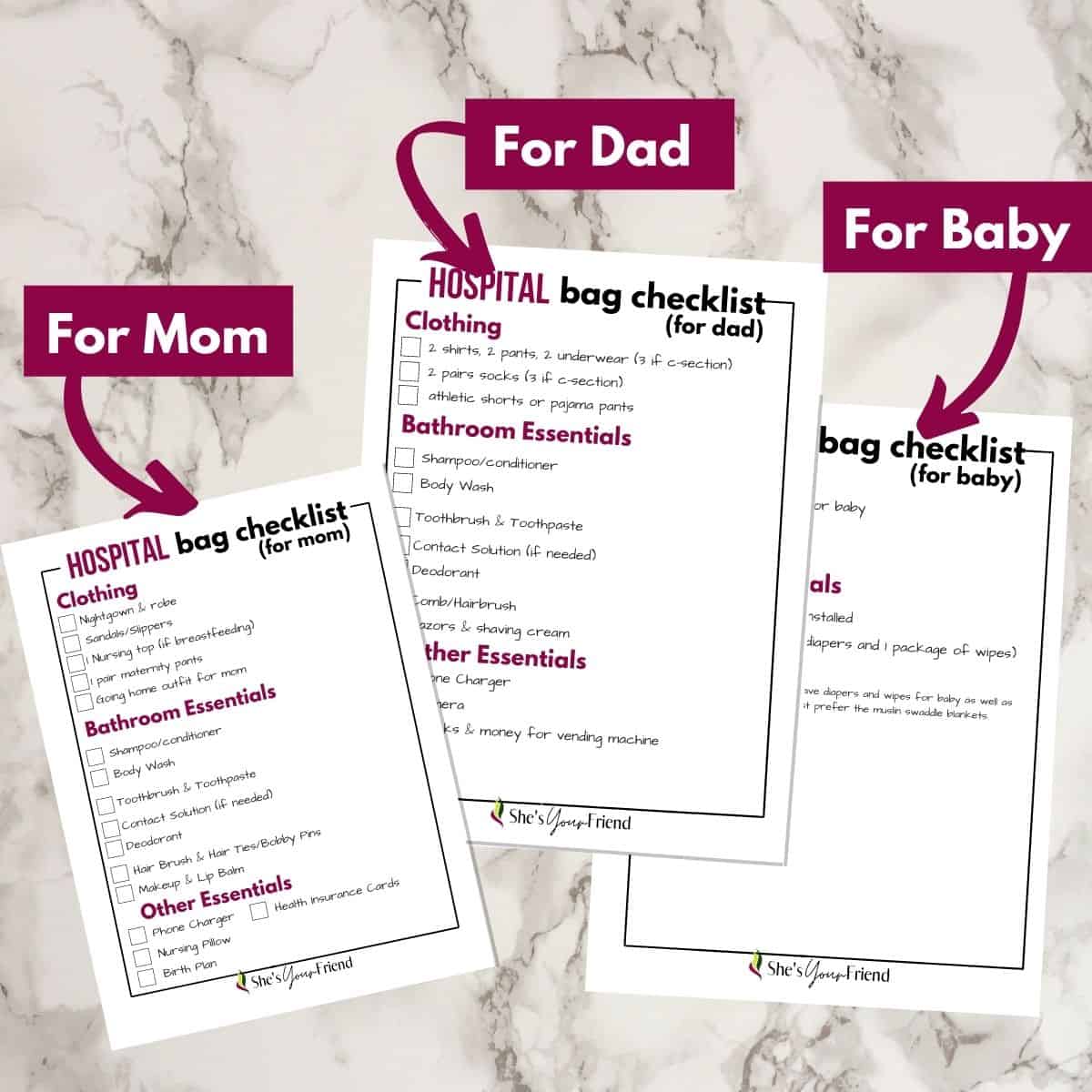 three hospital bag checklists printed off for mom dad and baby