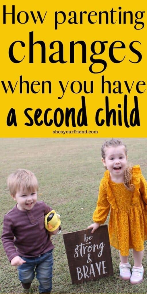 a brother and sister smiling and text overlay that reads how parenting changes when you have a second child