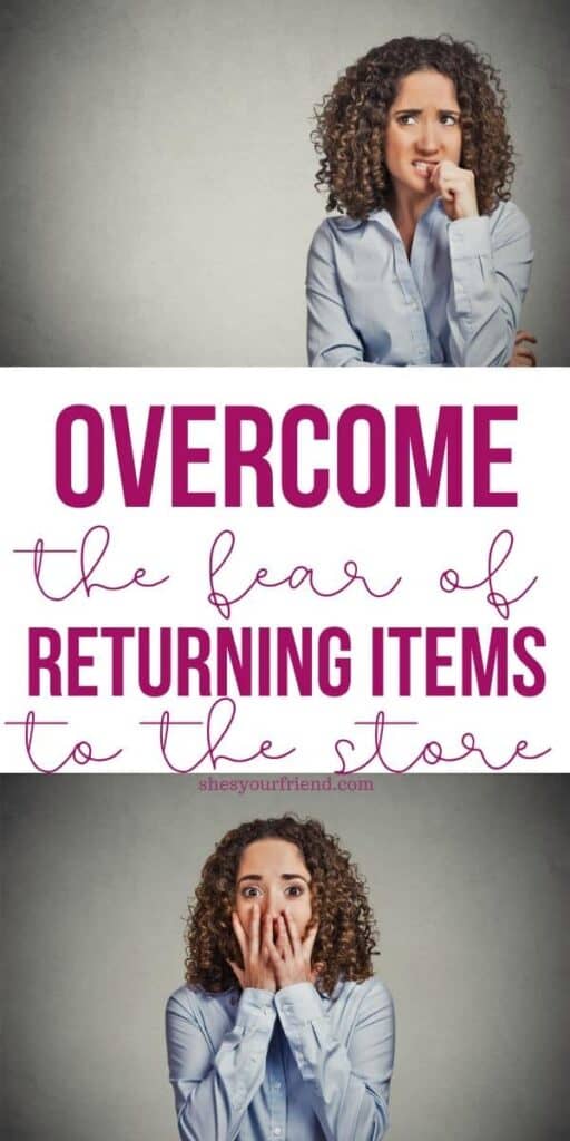 an anxious woman biting her nails and text overlay that reads overcome the fear of returning items to the store