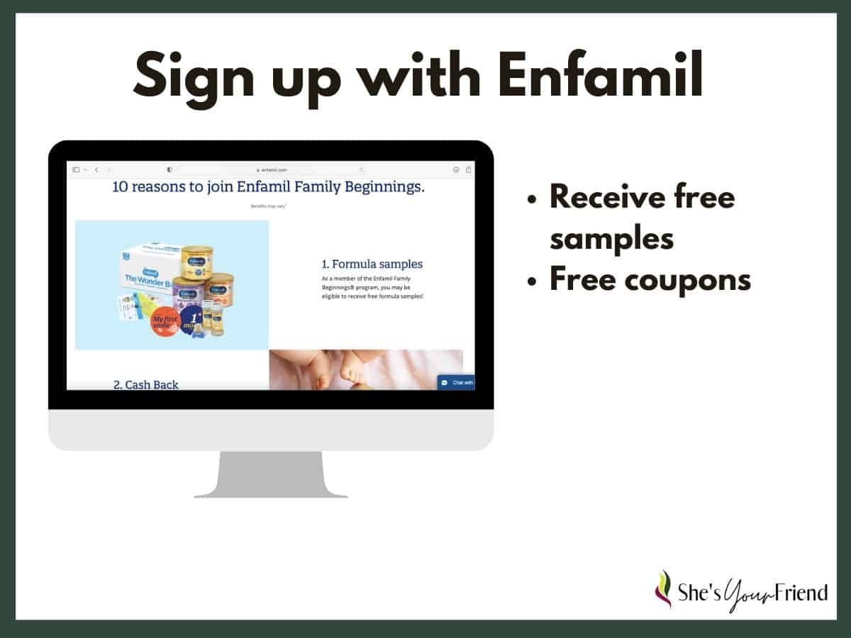 a computer with Enfamil website and text overlay that reads sign up with enfamil receive free samples free coupons