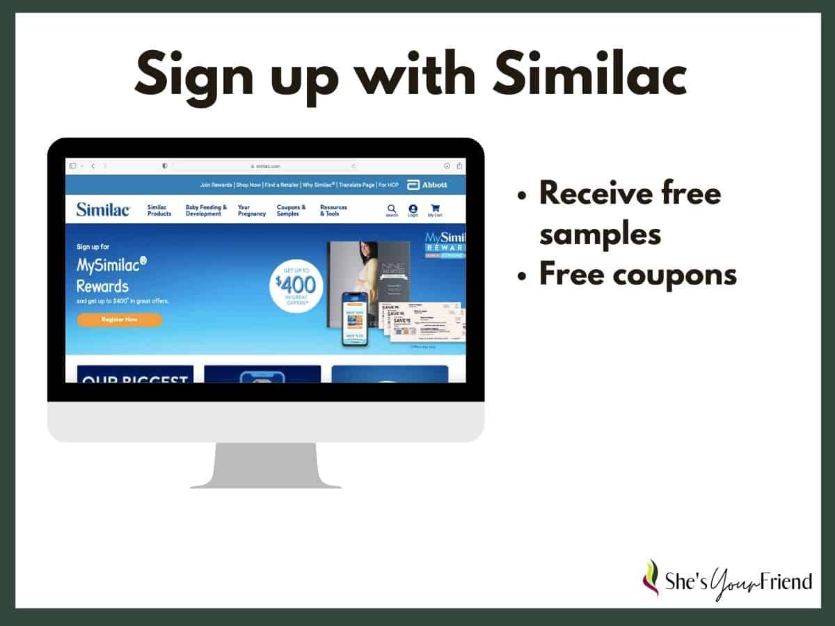 a computer with Similac website and text overlay that reads sign up with Similac receive free samples free coupons