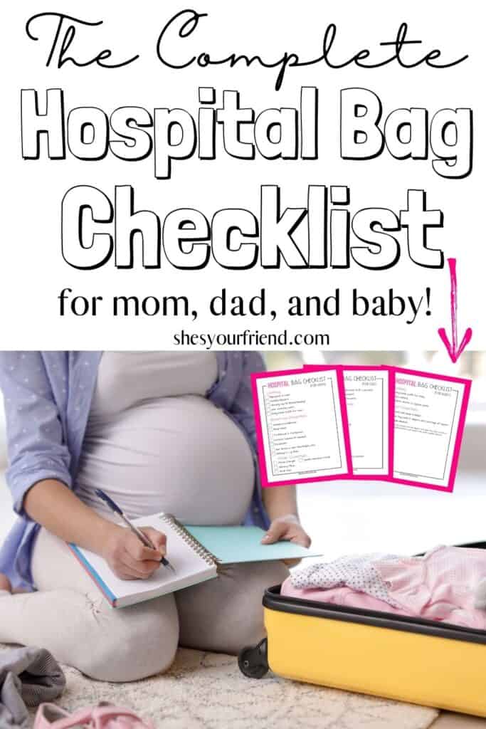 a pregnant mom packing her hospital bag with text overlay that reads " the complete hospital bag checklist"