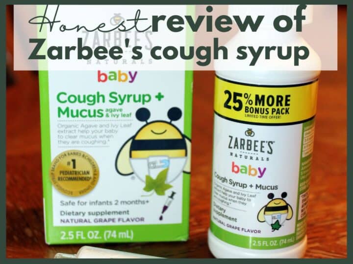 zarbee's baby cough syrup and mucus with text overlay that reads honest review of zarbees cough syrup