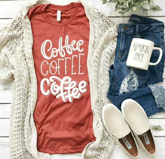 orange shirt that says coffee coffee coffee