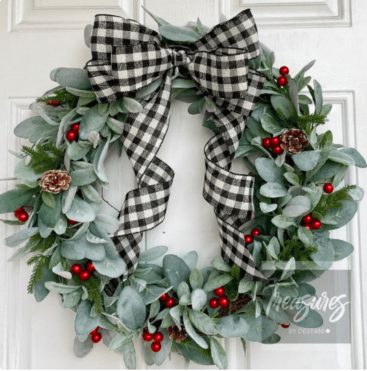 lambs ear christmas wreath with red berries and pine cones