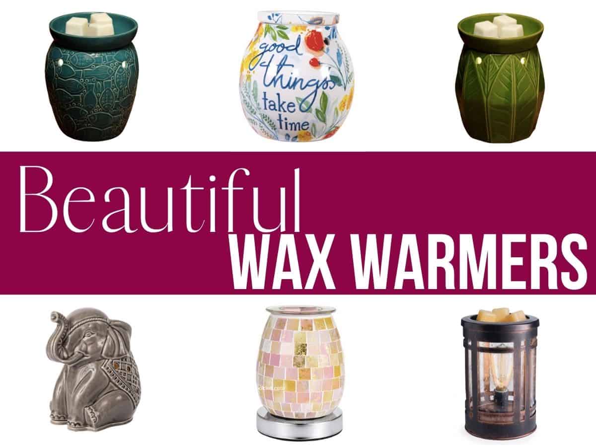 a collage with six different wax warmers and text overlay that reads beautiful wax warmers