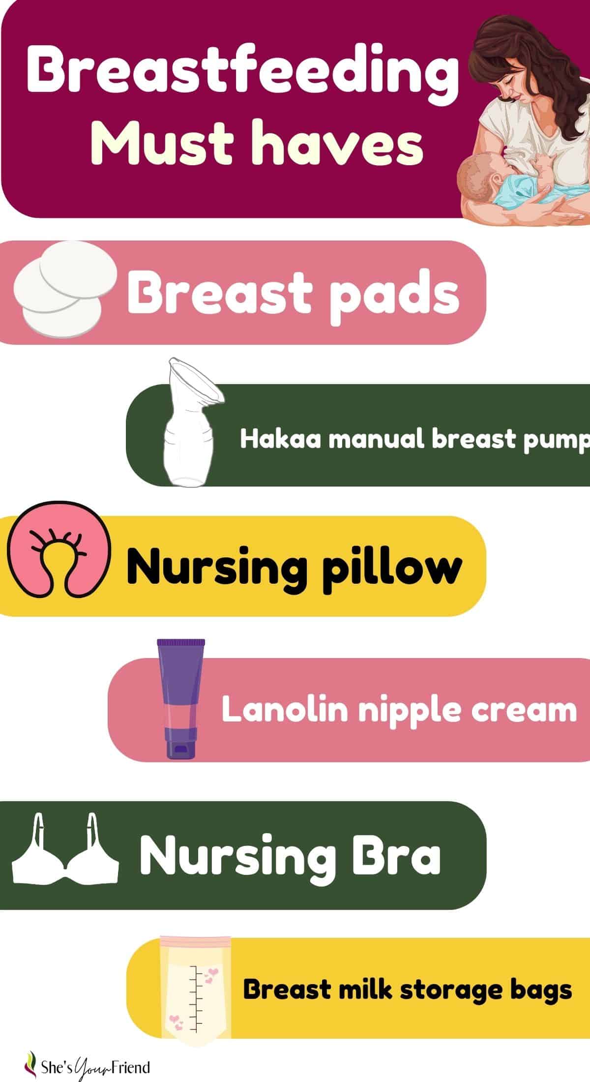 an infographic that says breastfeeding must haves breast pads Hakaa manual breast pump nursing pillow lanolin nipple cream nursing bra breast milk storage bags