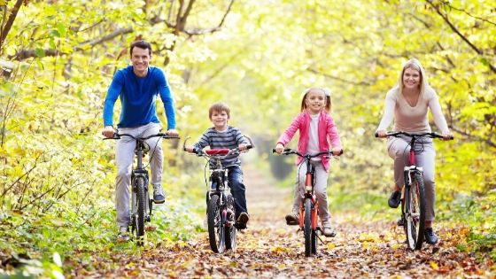 a family bicycling together