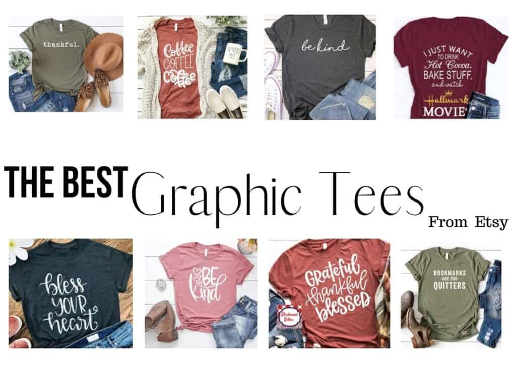 collage of eight different shirts with text overlay that reads the best graphic tees from etsy