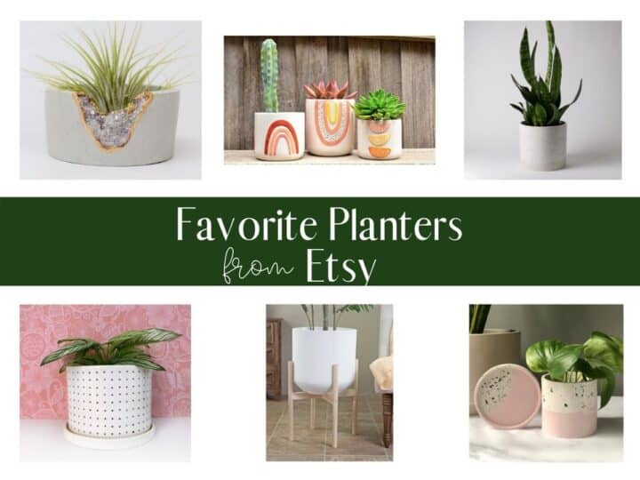 a collage of different planters for gardening with text overlay that reads favorite planters from etsy