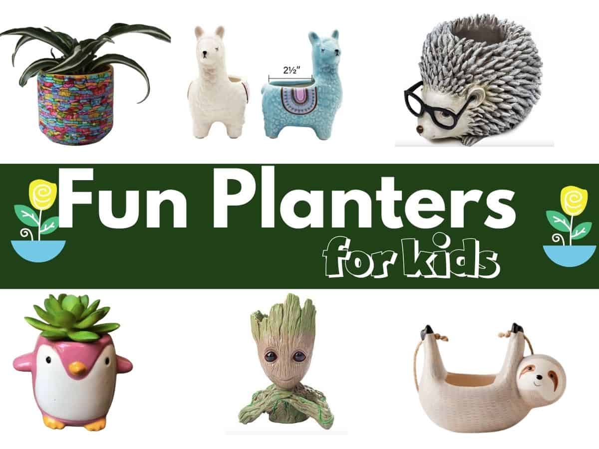 collage of seven different planters with text overlay that reads fun planters for kids