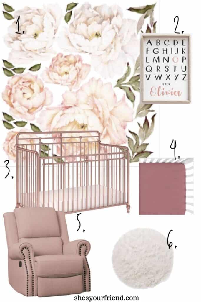 collage of wallpaper crib and nursery decor and furniture for a baby girl