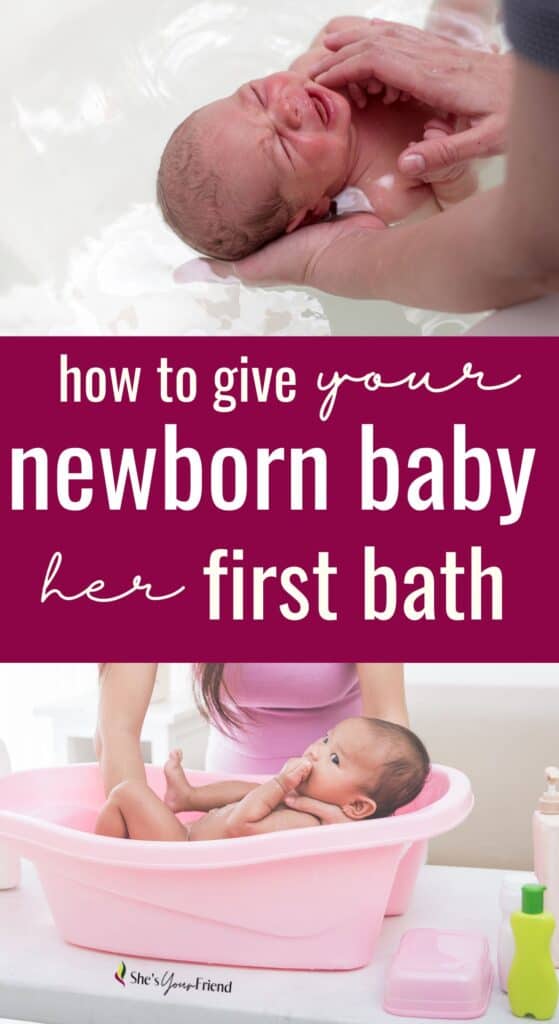 a newborn getting a bath with text overlay that reads how to give your newborn baby her first bath