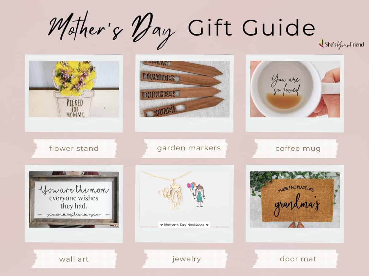 a collage showing a flower stand garden markers coffee mug wall art necklace and door mat with text overlay that reads mothers day gift guide