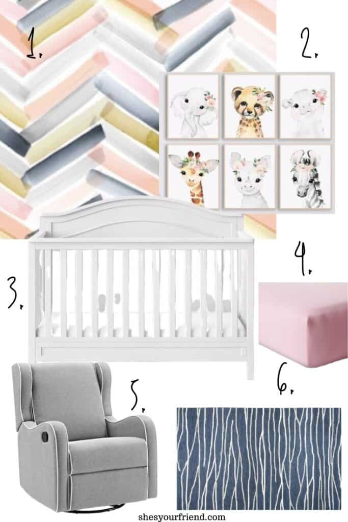 collage of navy blue and pink nursery furniture and decor for a baby girl