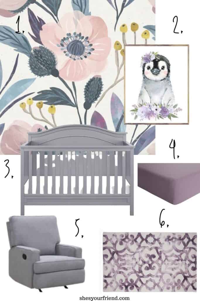 collage of moody purple baby girl nursery items