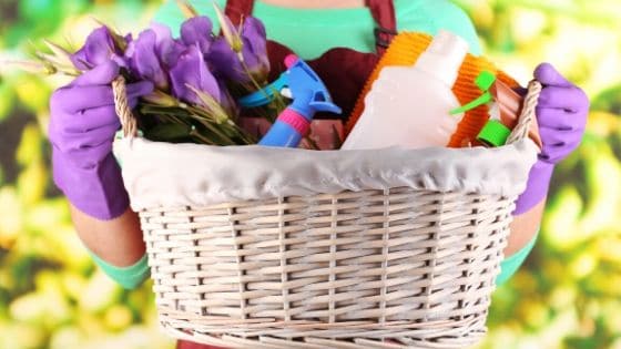 a woman holding a basket of spring cleaning supplies