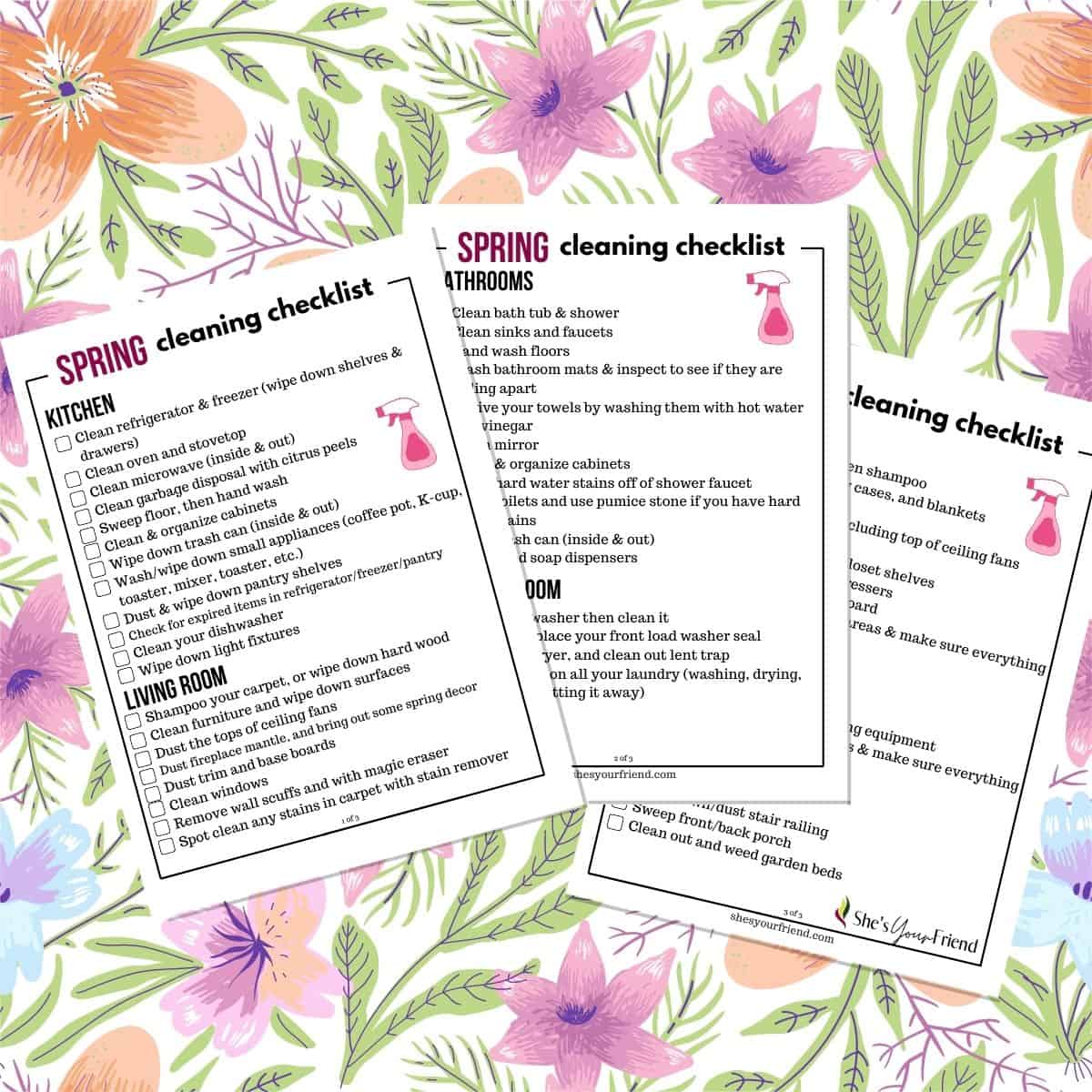 three spring cleaning checklists on a floral background