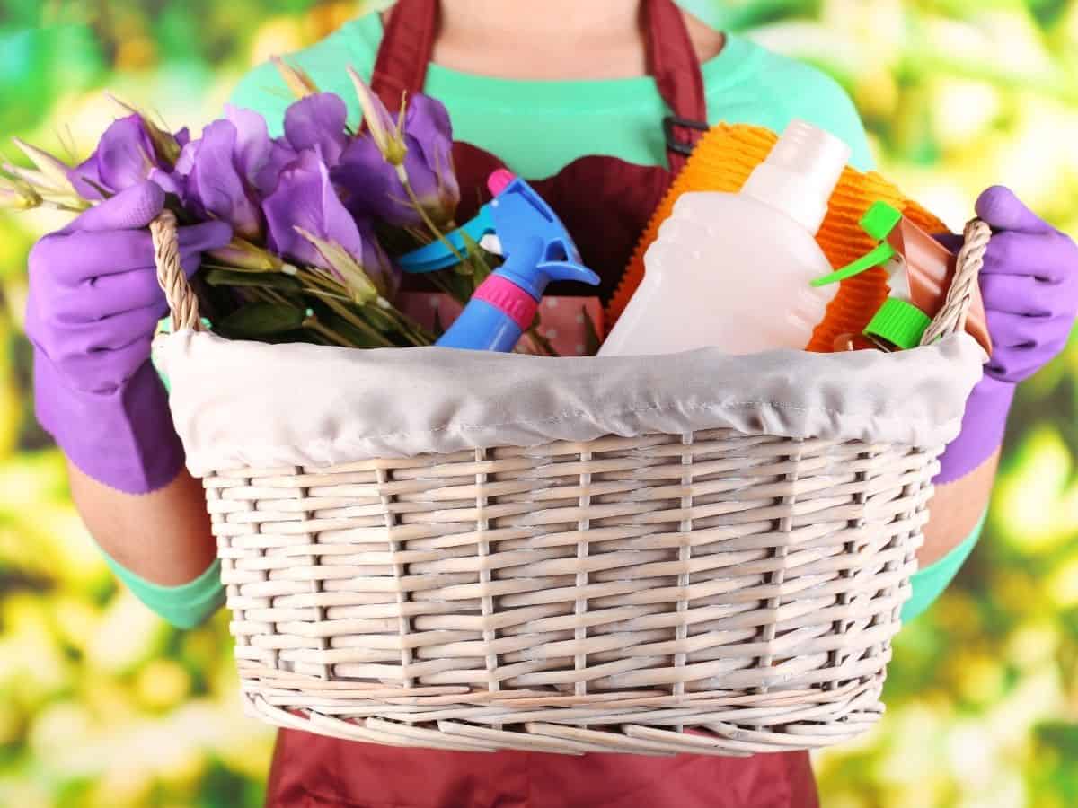 a woman holding a basket with cleaning supplies and flowers