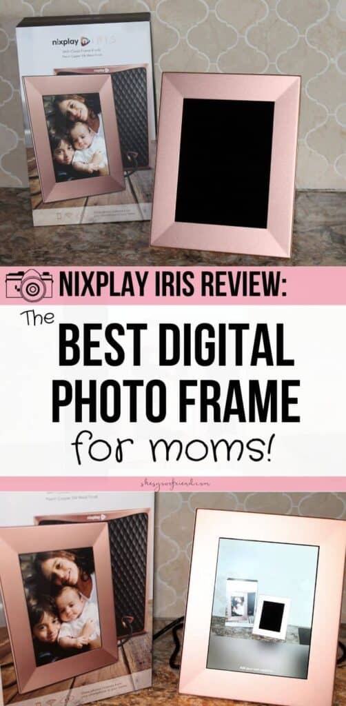 a rose gold digital photo frame with text overlay that reads the best digital photo frame for moms