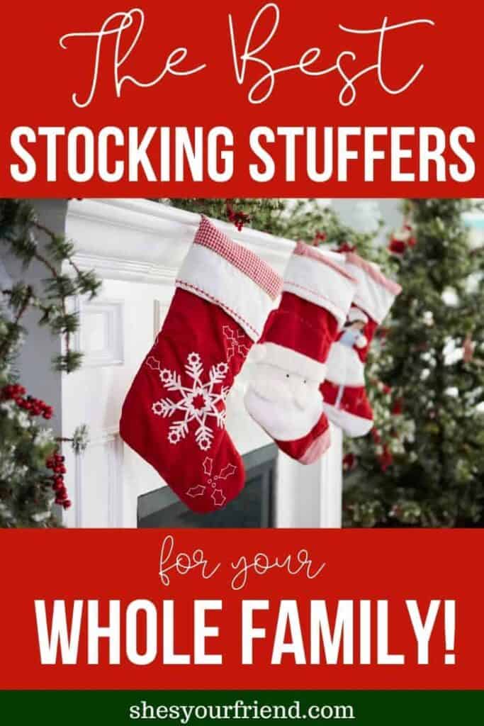 a pin image depicting christmas stockings hung by the fireplace mantle