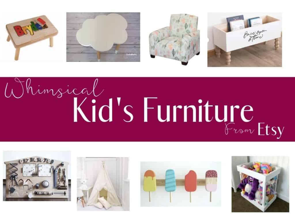 collage of eight different kids furniture with text overlay that reads whimsical kids furniture from etsy