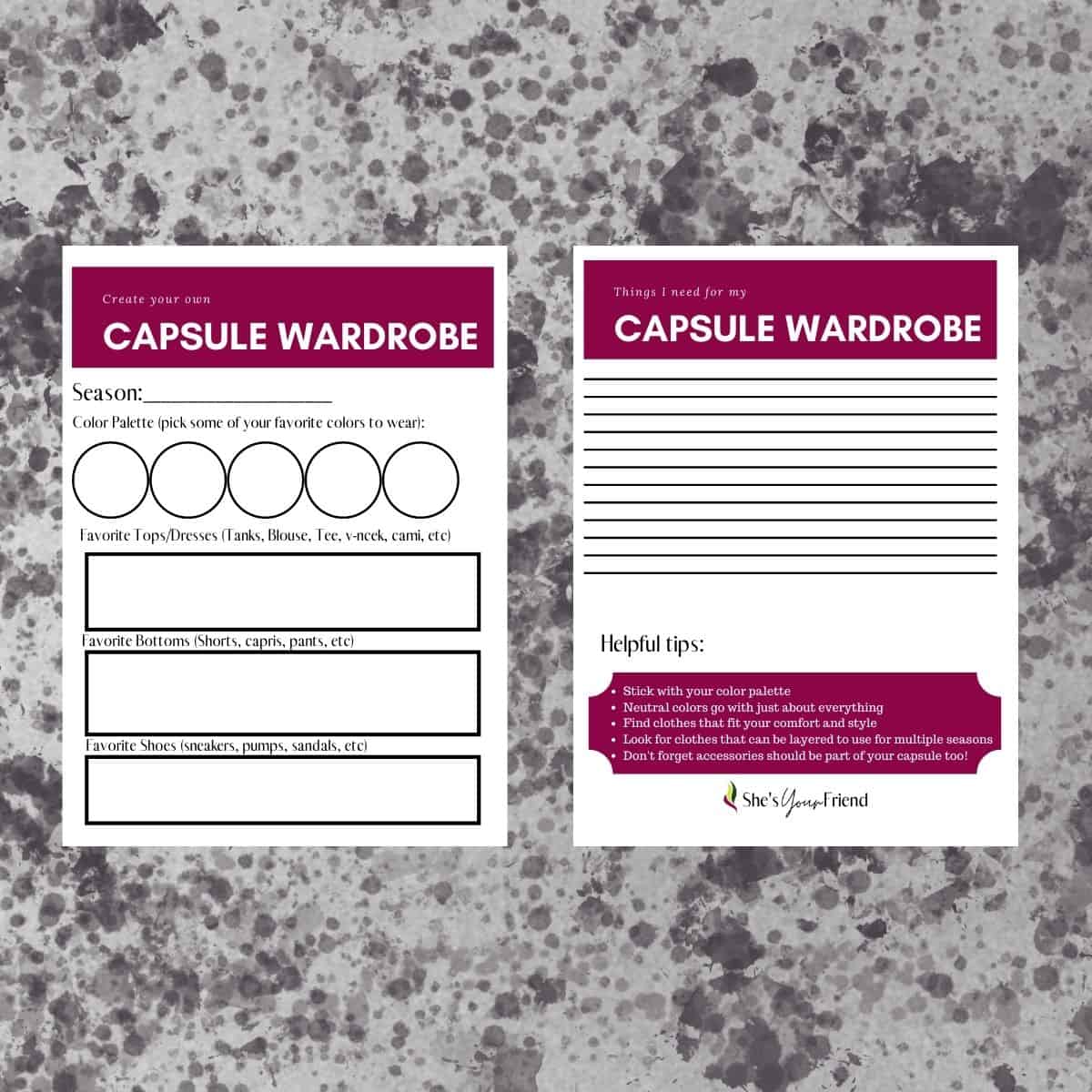 two pages of a printable create your own capsule wardrobe worksheet