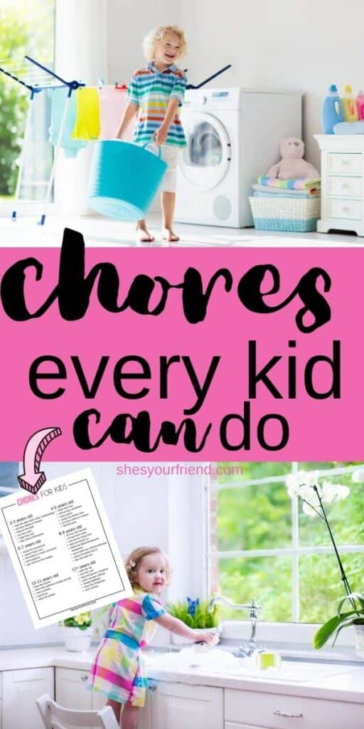 an image designed to be shared on pinterest showing kids doing chores with text overlay that reads chores every kid can do