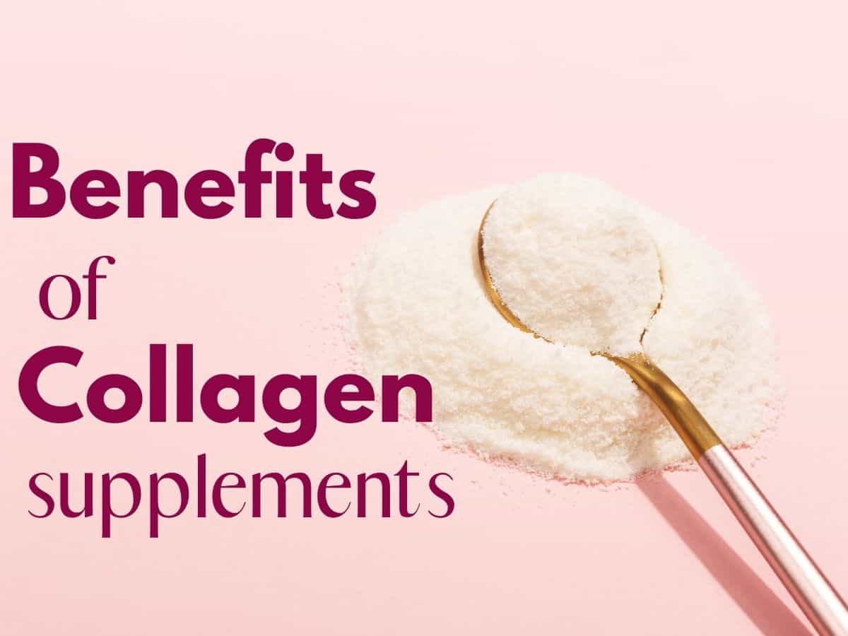 collagen powder on a pink background with text overlay that reads benefits of collagen supplements