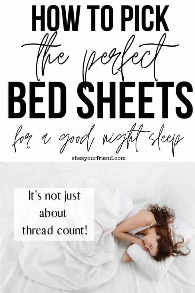 an image designed to be shared to pinterest showing a woman sleeping with text overlay that reads how to pick the perfect bed sheets for a good night sleep