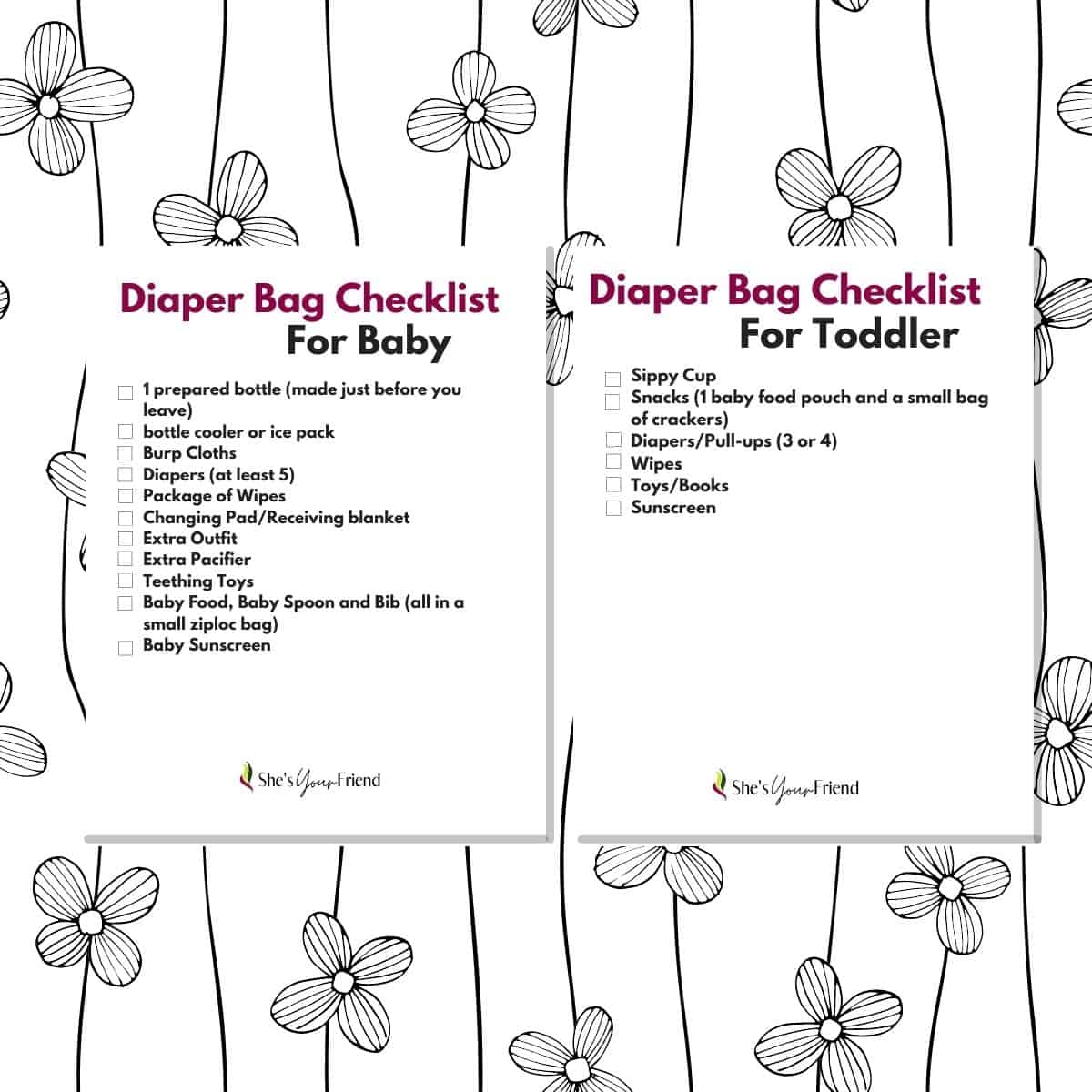 a diaper bag checklist for baby and a checklist for toddler diaper bag essentials