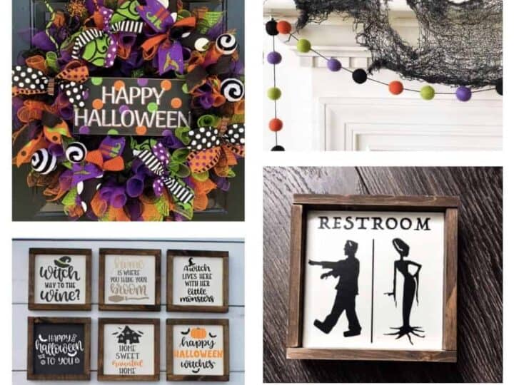 an image designed to be shared to pinterest showing a collage of different halloween home decor items with text overlay that reads fun creepy and unique halloween home decor