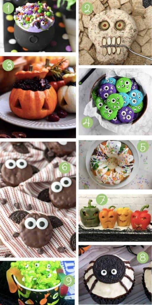 collage of nine halloween snacks for kids