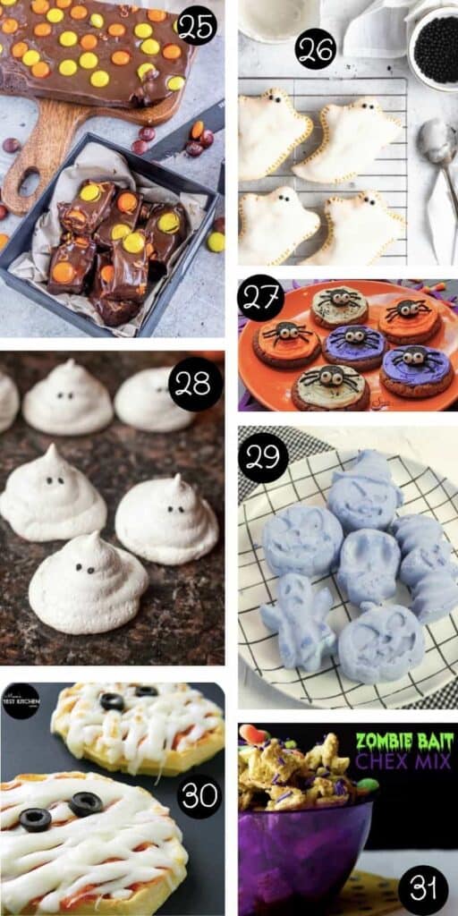 collage of seven different halloween snacks for kids