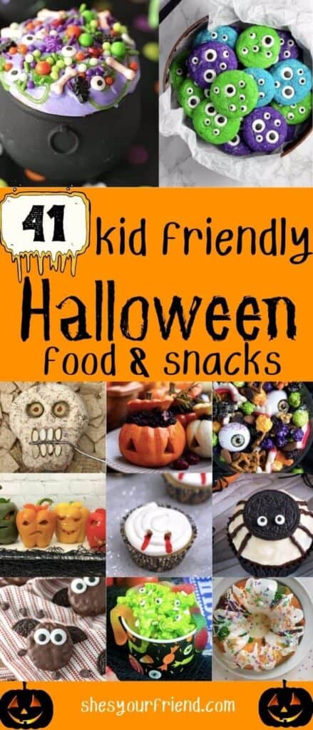 collage of different kid friendly Halloween snacks and desserts