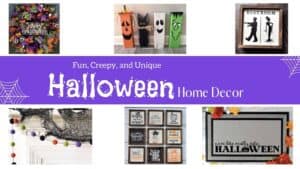 a collage of halloween signs, doormats, and other home decor