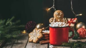 an image with a gingerbread cookie by a mug of hot chocolate and Christmas lights in the background