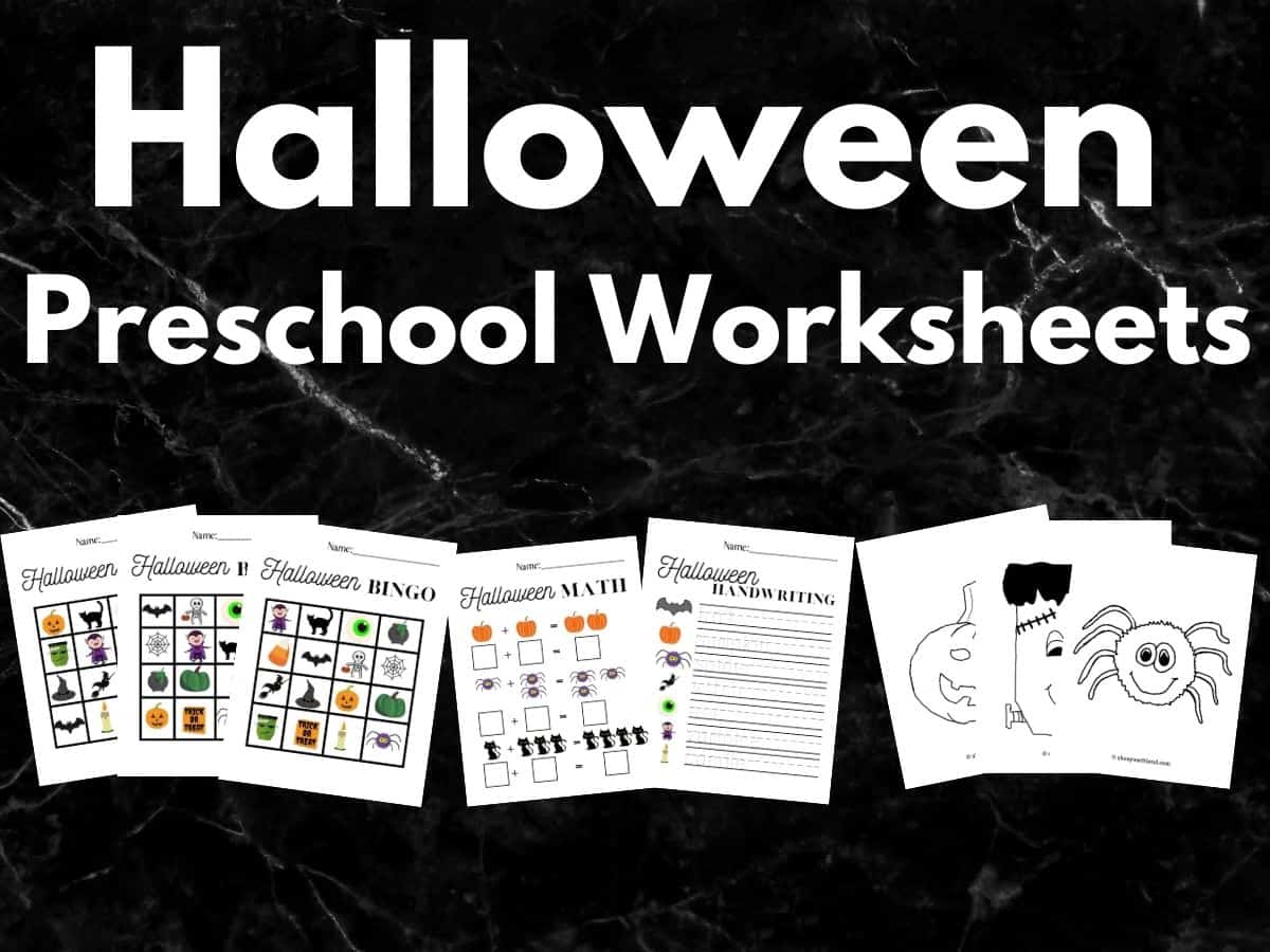 8 preschool halloween printables with text overlay that reads halloween preschool worksheets