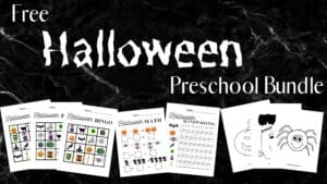 halloween printable worksheets shown on a black marble counter top with text over lay that reads free halloween preschool bundle