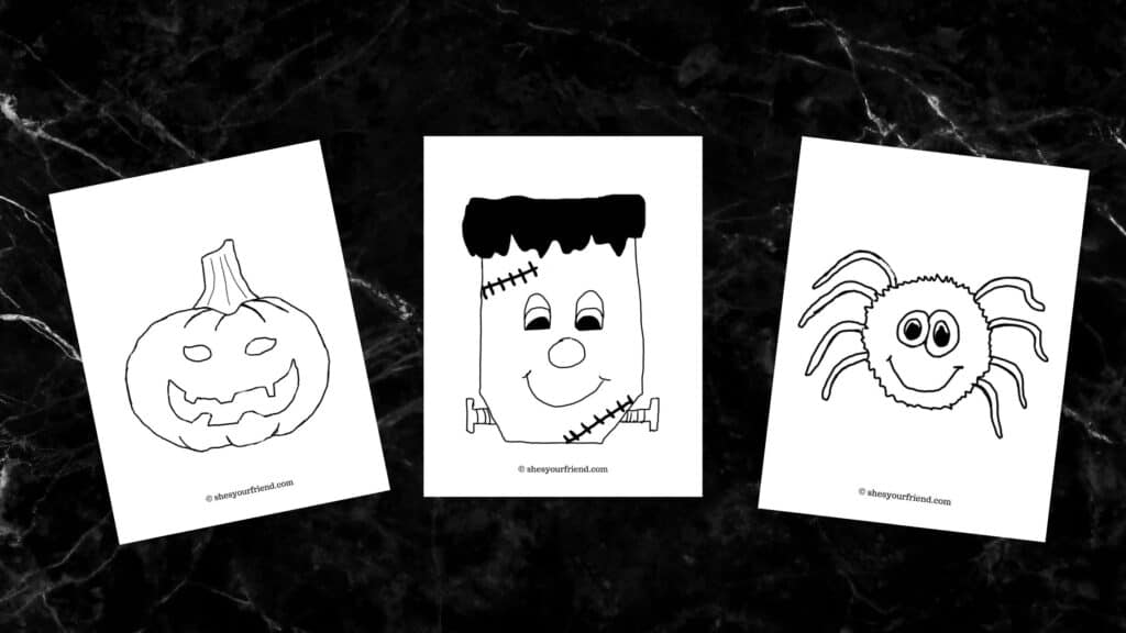 three halloween coloring pages of a pumpkin frankenstein and a spider