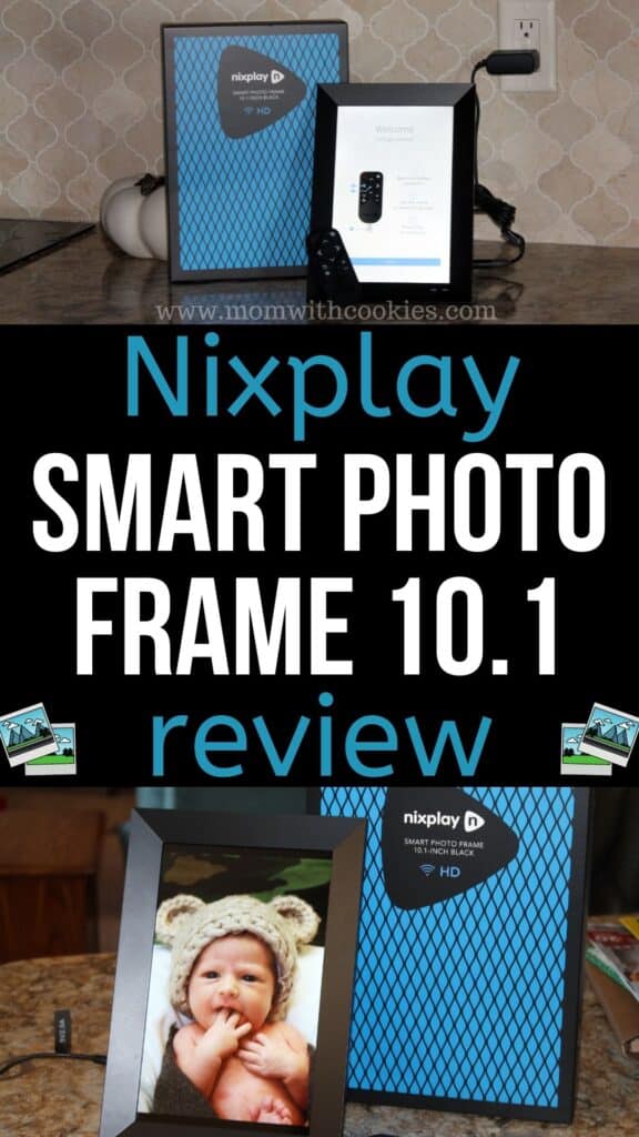 collage of nixplay smart photo frame showing how to set it up and a baby picture displayed