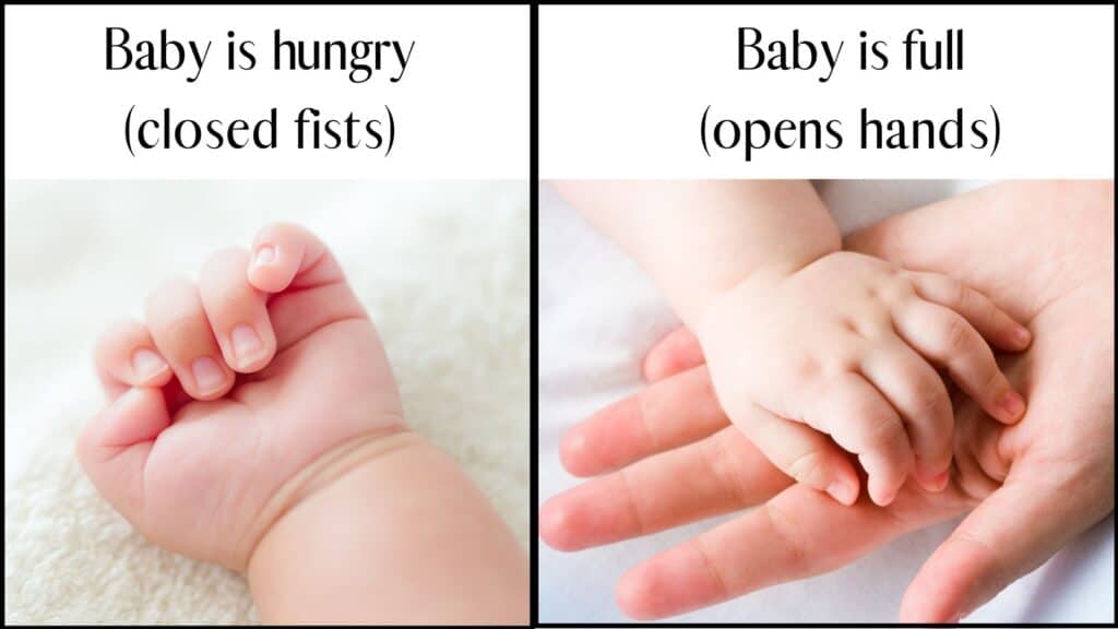 baby hand with closed fists which could mean baby is hungry and a baby with an open hand which can mean baby is full