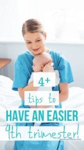 a mom holding her new baby while sitting on a hospital bed with text overlay that reads " 4 plus tips to have an easier fourth trimester"